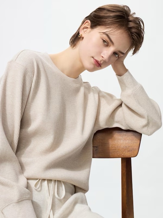 Uniqlo Sweaters - Uniqlo Cream Waffle Crewneck Sweater